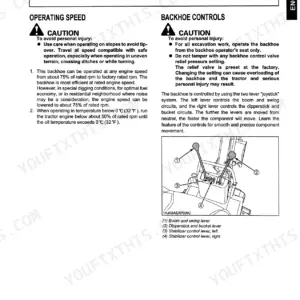 Kubota BH75 operating instructions for backhoe controls, joystick levers, and stabilizer control lever diagram.