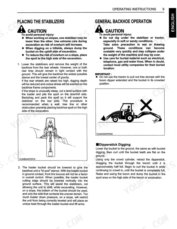 Kubota BH75 operator manual page on stabilizer placement, backhoe operation safety, and dipperstick digging procedures.