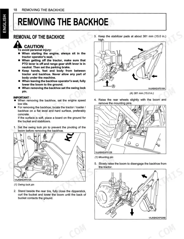 Kubota BH75 backhoe removal procedure, showing swing lock pin, stabilizer height, and mounting pin diagrams.