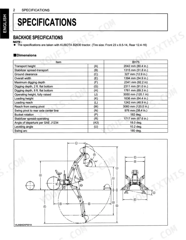 Kubota BH75 backhoe specifications table and dimension diagram showing digging depth, reach, and transport height.