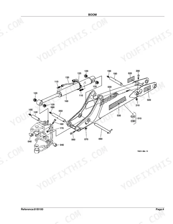 Kubota BH75 exploded view diagram of the boom assembly, showing hydraulic cylinder, pins, bushings, and mounting hardware.