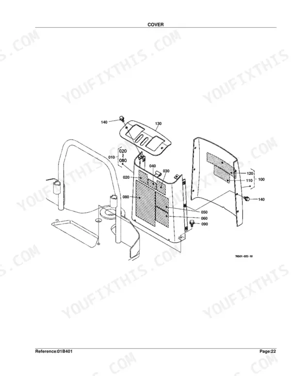 Kubota BH75 exploded view diagram of the main cover assembly, including panels, decals, and mounting hardware.