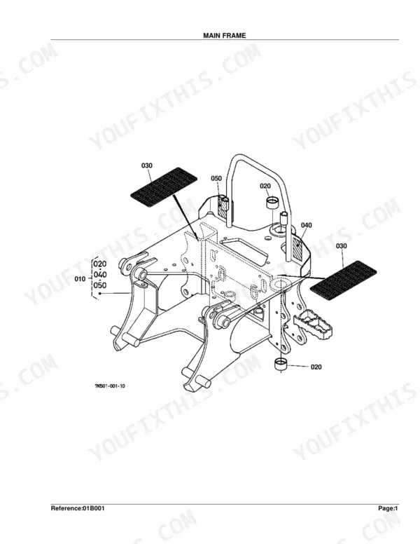 Kubota BH75 exploded view diagram of the main frame assembly, showing foot plates, bushings, and frame components.