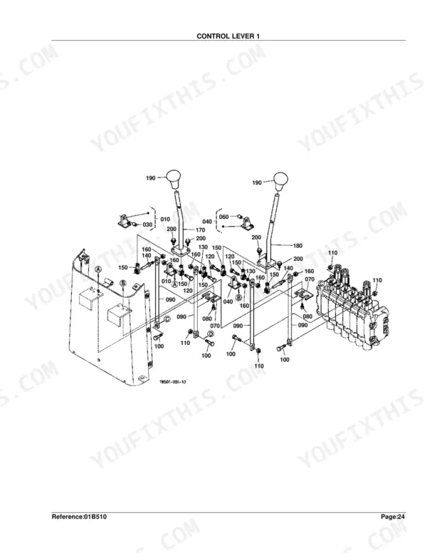 Kubota BH75 exploded view diagram of Control Lever 1 assembly, showing linkages, levers, and hydraulic valve connections.