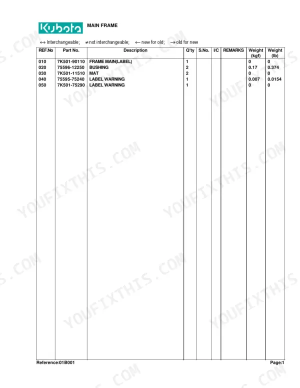 Kubota BH75 parts list for Main Frame showing reference numbers, part numbers, descriptions, quantities, and weights.