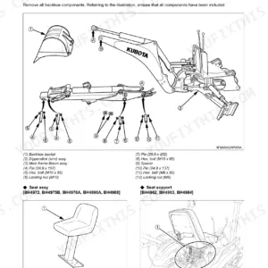 Kubota BH77 backhoe exploded view showing bucket, dipperstick, main frame, pins, bolts, seat assembly, and seat support components.