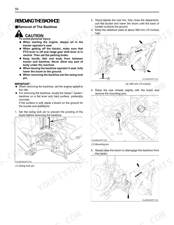 Kubota BH77 backhoe removal procedure, showing swing lock pin, mounting pins, and boom positioning diagrams.