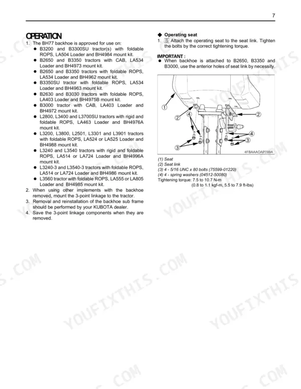 Kubota BH77 operation manual showing backhoe compatibility list and operating seat installation diagram with torque specs