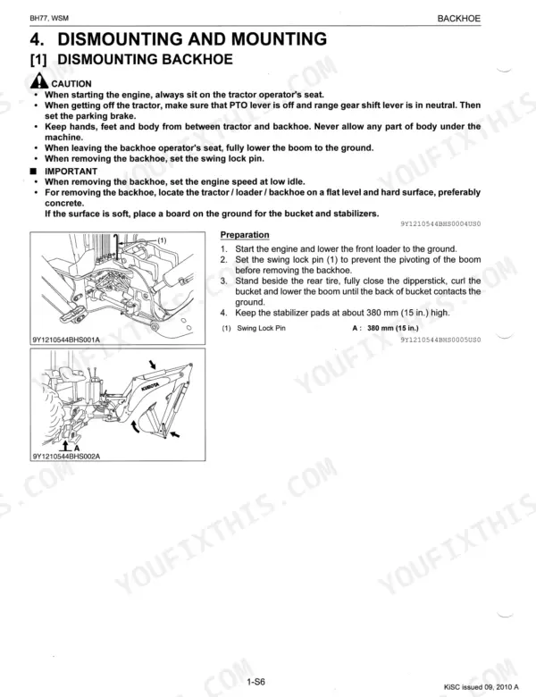 Kubota BH77 backhoe dismounting procedure, showing swing lock pin location and stabilizer height preparation steps.