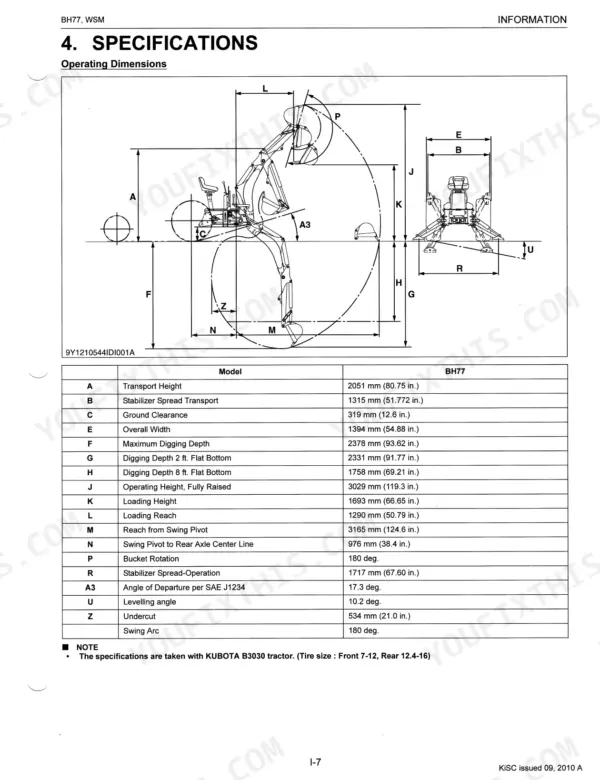 Kubota BH77 backhoe operating dimensions diagram and specifications table for digging depth, reach, and height.