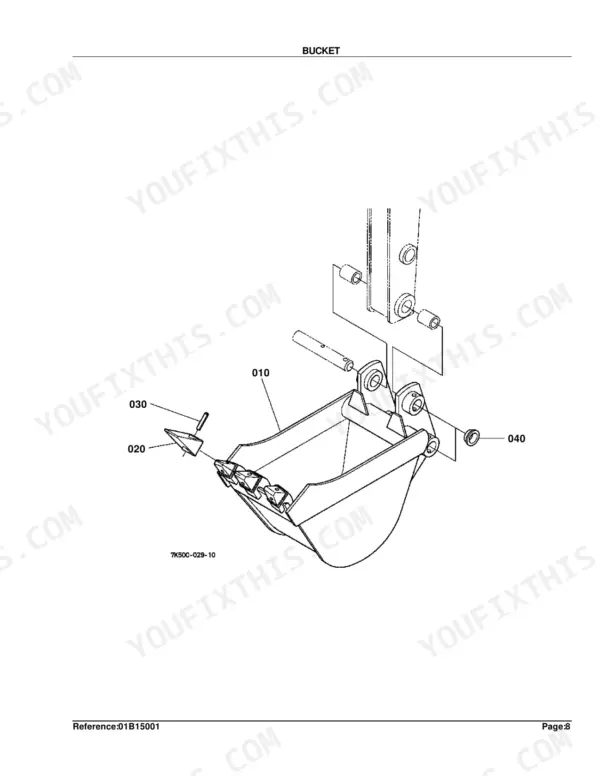 Kubota BH90 exploded view diagram of backhoe bucket assembly, showing teeth, pins, and mounting hardware components.