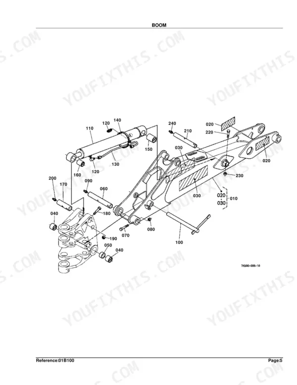 Kubota BH90 exploded view diagram of boom assembly, including hydraulic cylinder, pins, bushings, and mounting hardware.