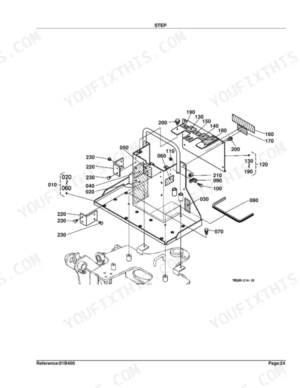 Kubota BH90 exploded view diagram of the step assembly, showing mounting brackets, hardware, and footplate components.