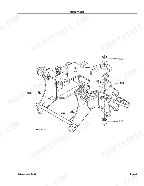 Kubota BH90 exploded view diagram of the main frame assembly showing bushings and grease fittings.