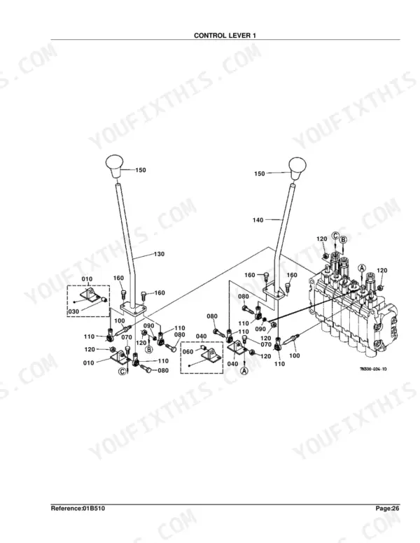 Kubota BH90 exploded view diagram of control lever 1 assembly, showing linkage, mounting brackets, and valve connections.