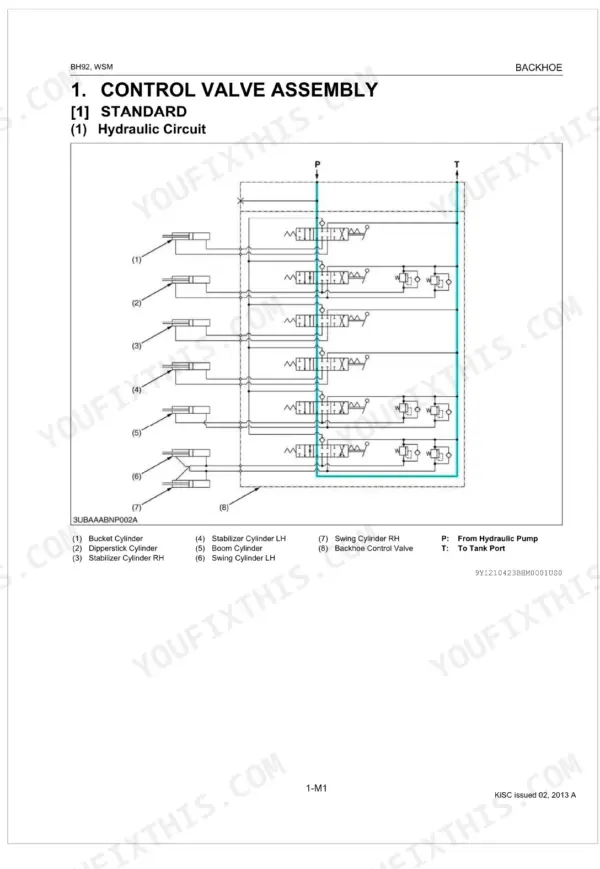 Kubota BH92 backhoe control valve assembly hydraulic circuit diagram showing cylinder connections and valve ports.