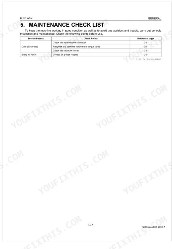 Kubota BH92 maintenance checklist table showing daily and 10-hour service intervals for fluid, hardware, and grease.