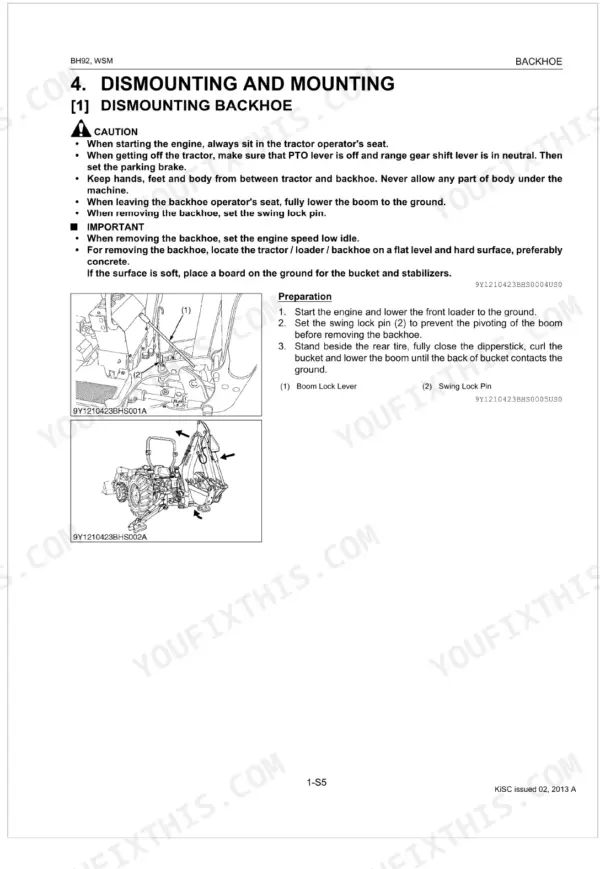 Kubota BH92 backhoe dismounting procedure, showing boom lock lever, swing lock pin, and safety preparation steps.