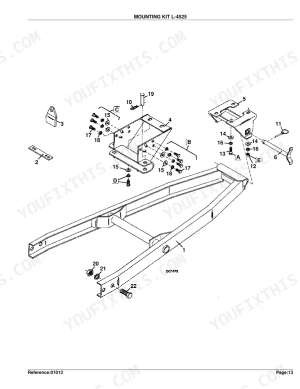 Kubota BL4520 exploded view diagram of L-4525 mounting kit components, including frame, pins, bolts, and hardware.