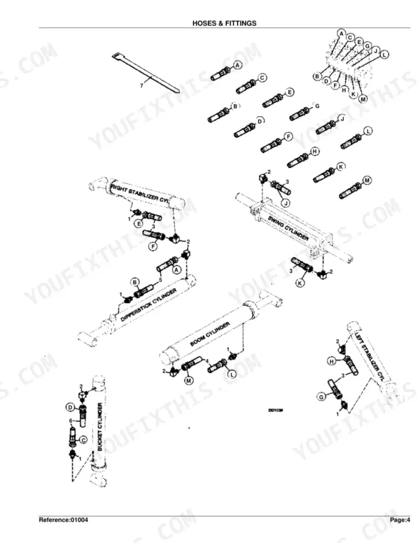 Kubota BL4520 exploded view of hydraulic hoses and fittings for boom, dipperstick, swing, and stabilizer cylinders.