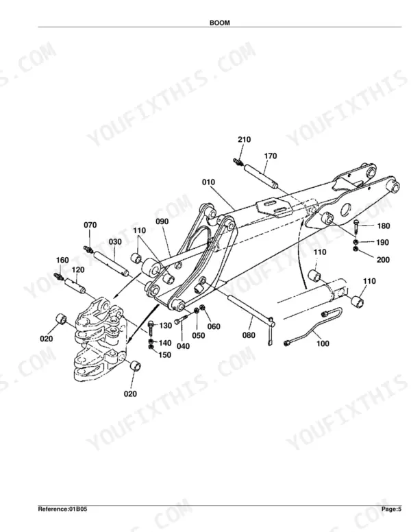 Kubota BT 751 exploded view diagram of backhoe boom assembly, pins, bushings, and hydraulic cylinder components.