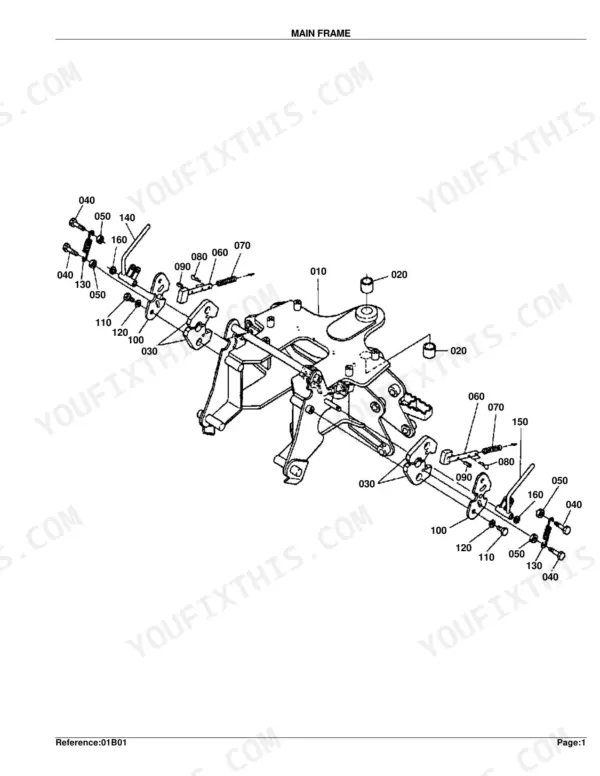 Kubota BT 751 exploded view diagram of the main frame assembly, showing locking levers, springs, and mounting hardware.