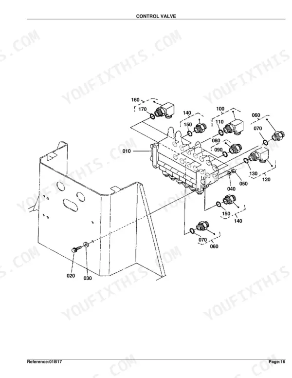 Kubota BT 751 exploded view diagram of the control valve assembly, fittings, and mounting hardware components.