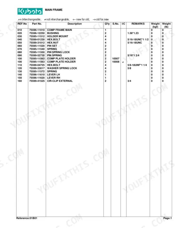 Kubota BT 751 parts list table for Main Frame, including bolts, bushings, springs, and levers with part numbers.
