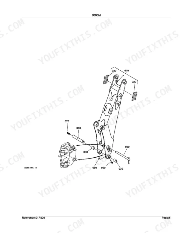 Kubota BT600 exploded view diagram of the boom assembly, showing pins, bushings, and mounting components.