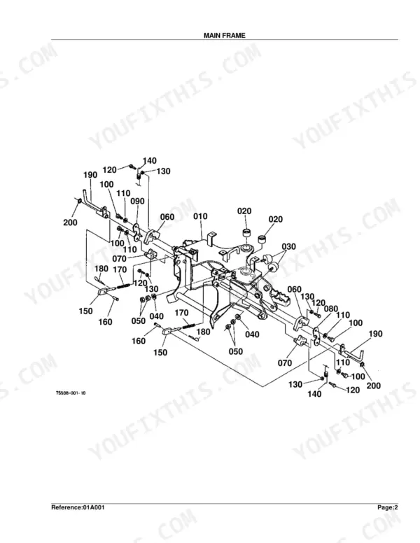 Kubota BT600 exploded view diagram of the main frame assembly, including locking levers, springs, and mounting hardware.
