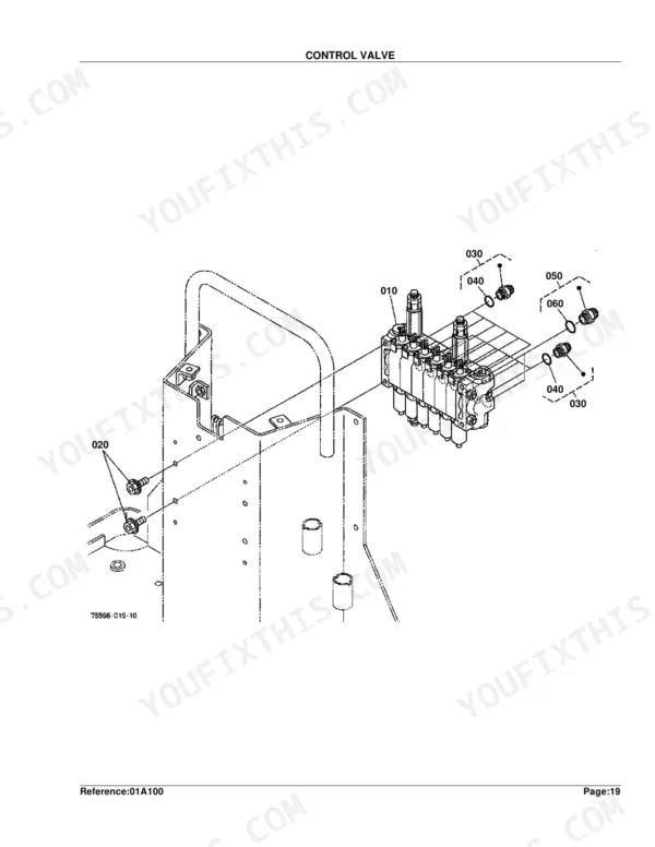 Kubota BT600 exploded view diagram of the control valve assembly, including mounting bolts, fittings, and O-rings.