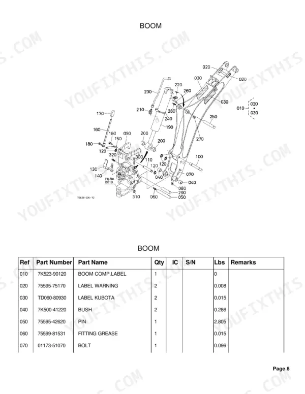 Kubota BT820 boom assembly exploded view with part numbers and descriptions
