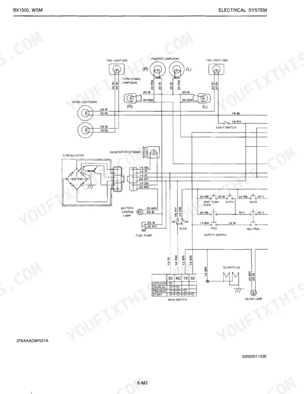 Kubota BX1500 electrical system wiring diagram showing lights, generator, IC regulator, main switch, and safety switches.