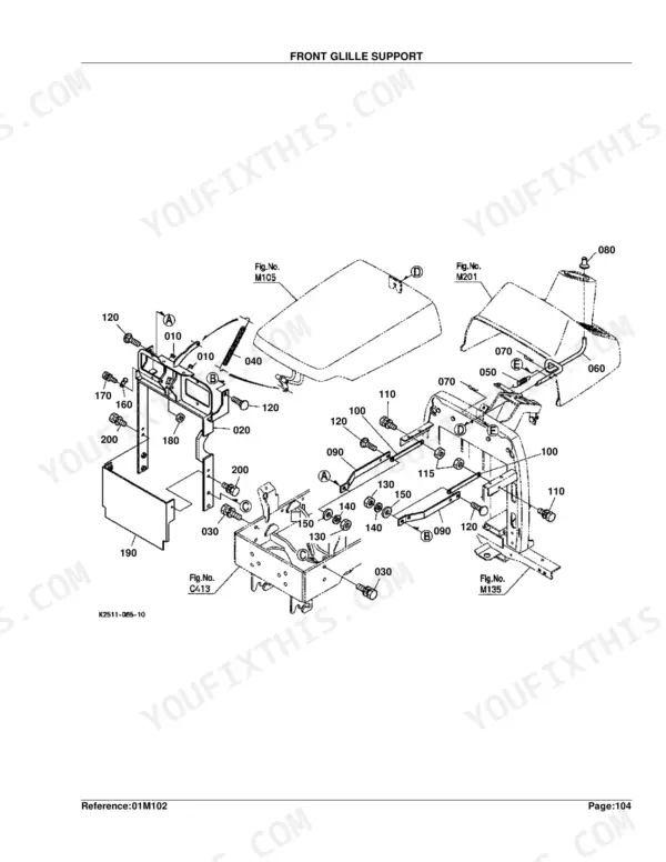 Kubota BX1500D exploded view diagram of the front grille support assembly with numbered hardware and body components.