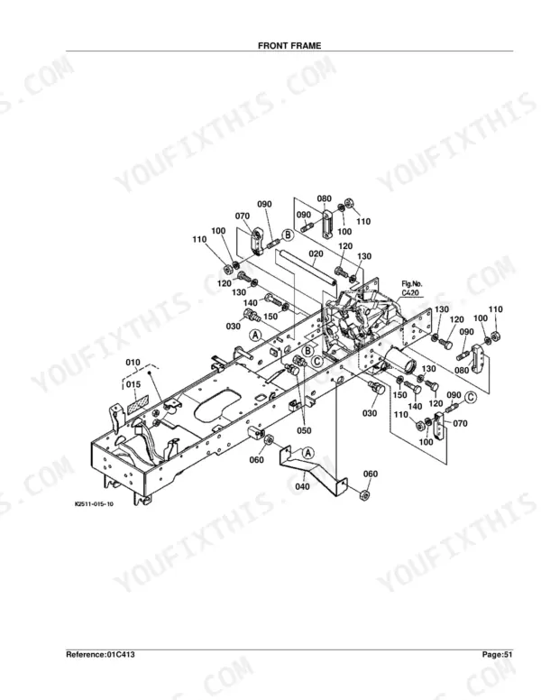 Kubota BX1500D exploded view diagram of the front frame assembly, showing mounting hardware, brackets, and frame components.