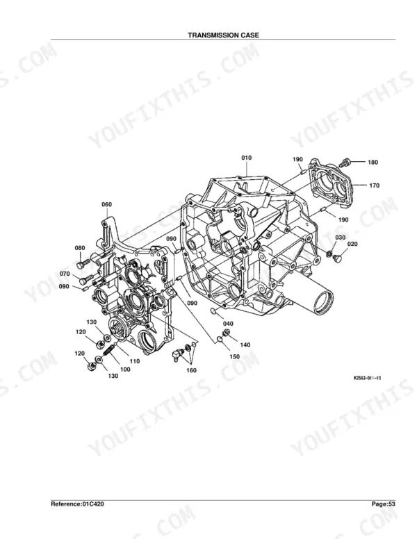 Kubota BX1500D exploded view diagram of the transmission case assembly with numbered components and hardware.