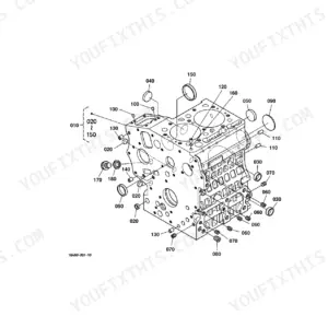 Kubota BX1500D exploded view diagram of the engine crankcase assembly showing plugs, pins, and core components.