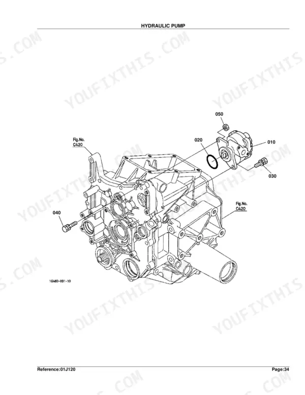Kubota BX1500D exploded view diagram of the hydraulic pump assembly and mounting components.