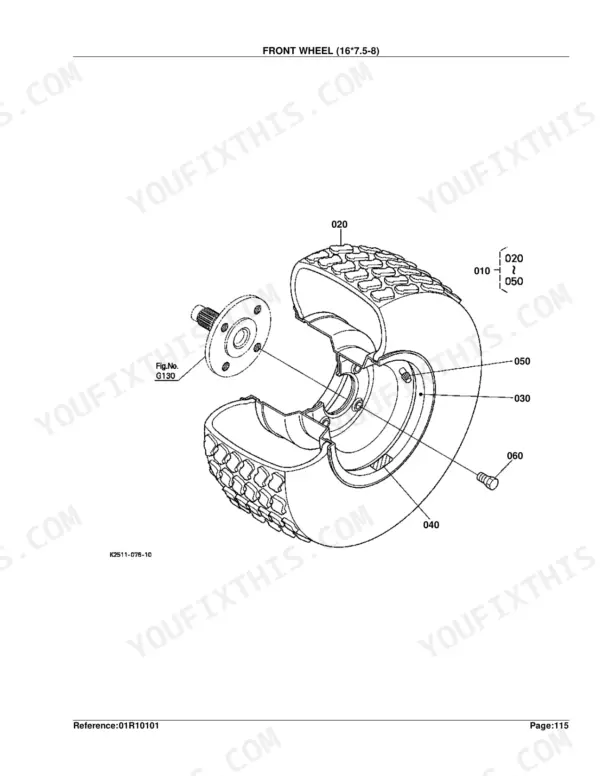Kubota BX1500D exploded view diagram of the front wheel assembly 16x7.5-8, showing tire, rim, and hub mounting components.