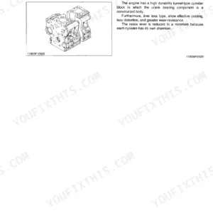 Kubota BX1800, BX2200 engine cylinder block diagram and technical description of tunnel-type block design.