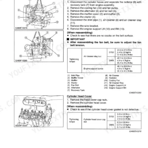 Kubota BX1800, BX2200 engine disassembly, alternator, fan belt, muffler removal, and cylinder head cover torque specs.