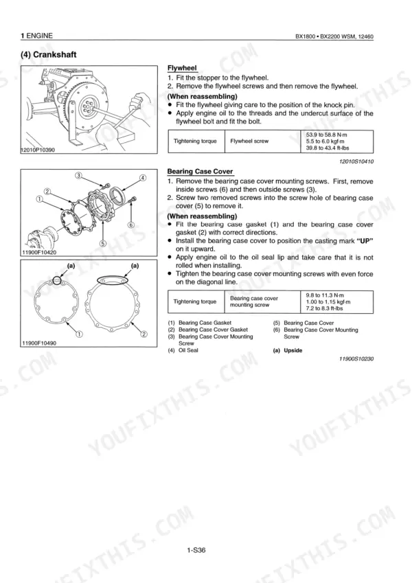 Kubota BX1800, BX2200 engine manual: flywheel and bearing case cover removal, installation, and torque specifications.