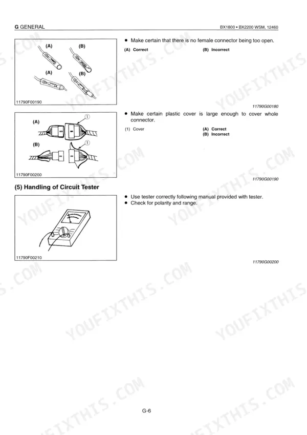 Kubota BX1800, BX2200 electrical connector inspection, plastic cover installation, and circuit tester handling procedures.