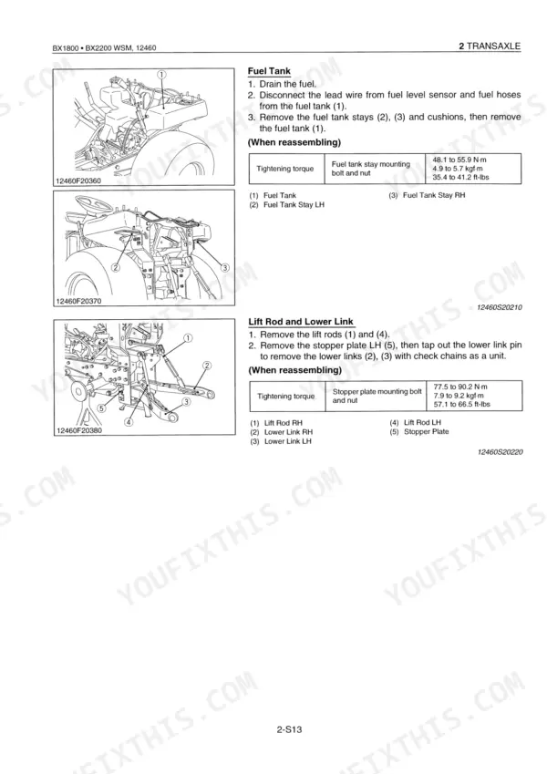 Kubota BX1800, BX2200 fuel tank removal and lift rod, lower link disassembly procedures with torque specifications.
