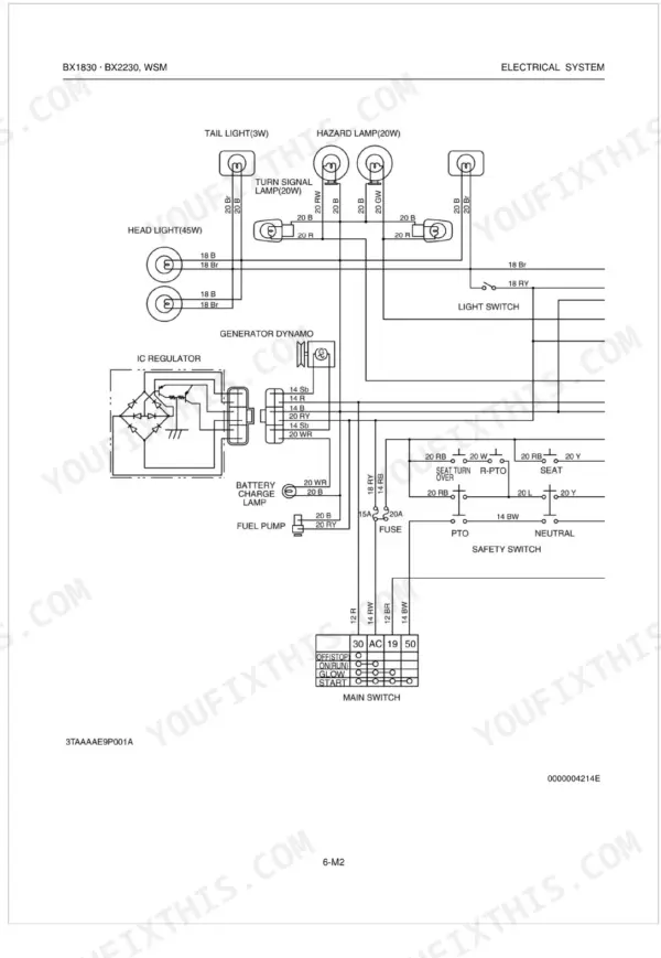 Kubota BX1830, BX2230 electrical system wiring diagram showing lights, generator, IC regulator, and main switch.