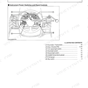 Kubota BX1850, BX2350 instrument panel and controls diagram showing gauges, switches, and key switch locations.