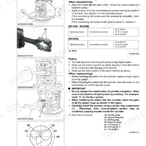 Kubota BX1860, BX2360, BX2660, RCK48-18BX, RCK54-23BX, RCK60B-23BX, RCK48P-18BX, RCK54P-23BX, LA203, LA243 piston and connecting rod service procedures, torque specs, and ring gap diagrams.