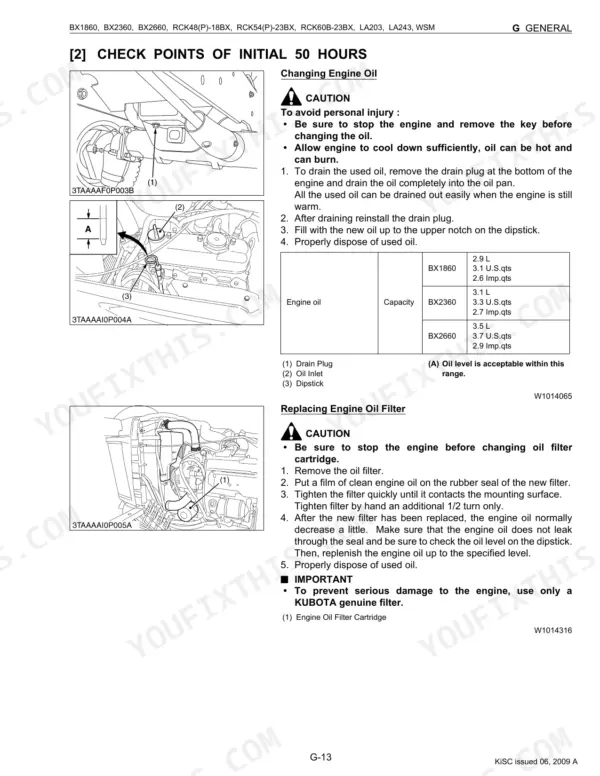 Kubota BX1860, BX2360, BX2660, RCK48-18BX, RCK54-23BX, RCK60B-23BX, RCK48P-18BX, RCK54P-23BX, LA203, LA243 engine oil change procedure.