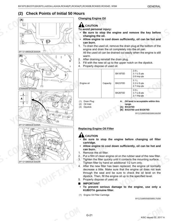 Kubota BX1870, BX2370, BX2670, RCK48-18BX, RCK54-23BX, RCK60B-23BX, RCK48P-18BX, RCK54P-23BX, RCK54D-26BX, RCK60D-26BX, LA203A, LA243A engine oil change and filter replacement procedures with capacity table.