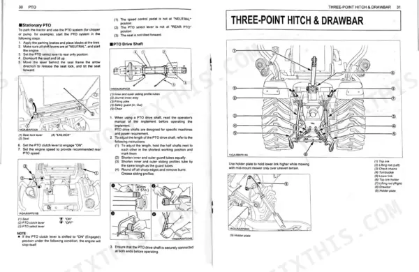 Kubota BX1870D, BX2370D, BX2670D manual showing Stationary PTO operation, drive shaft adjustment, and three-point hitch components.